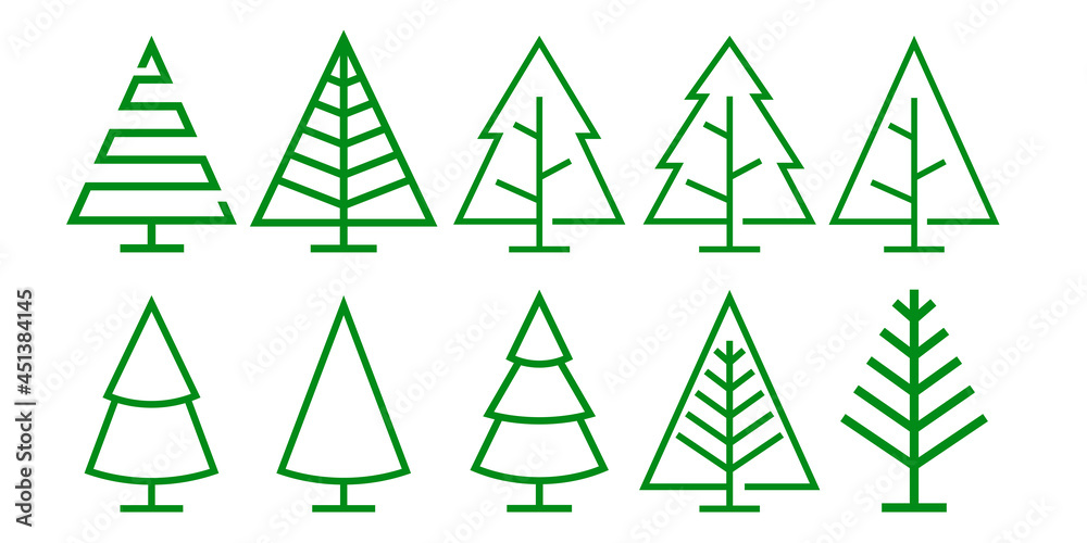 Set de siluetas simples de árbol de navidad con lineas en color verde Set de siluetas simples de árbol de navidad con lineas en color verde