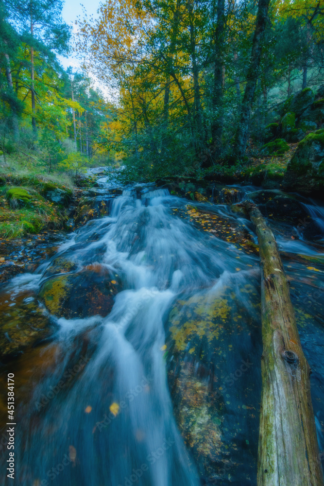 River waterfall landscape with fallen tree trunks in autumn forest with orange and yellowish leaves of the trees at Guadarrama national park, Lozoya river, Spain