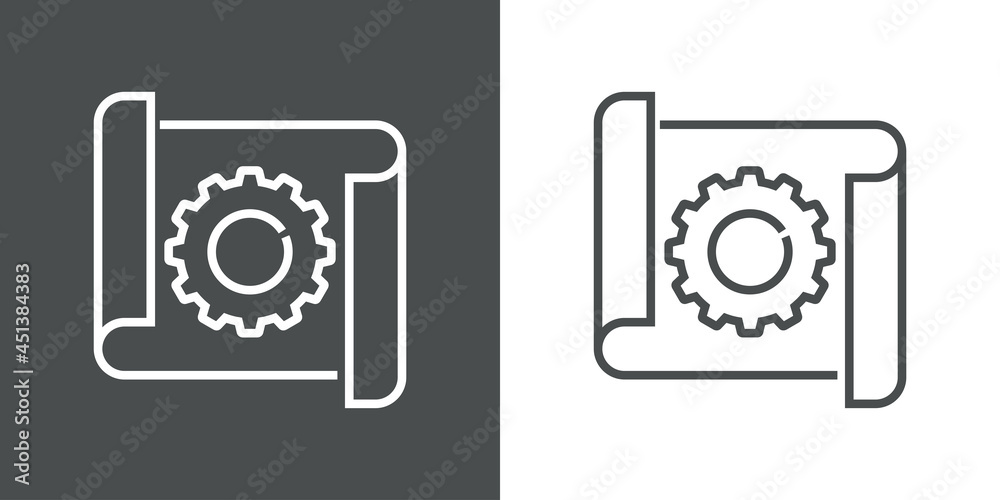 Diseño industrial. Icono silueta de plano de papel con engranaje con lineas en fondo gris y fondo blanco