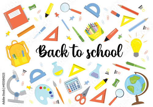 Back to school vector card. Illustration for banner or card with objects: stationery, books, pen, ruler, marker, eraser and bag. Welcome back to school vector card.