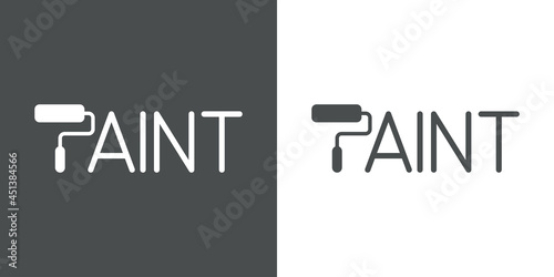 Logotipo con texto Paint con letra inicial P con forma de rodillo de pintura en fondo gris y fondo blanco