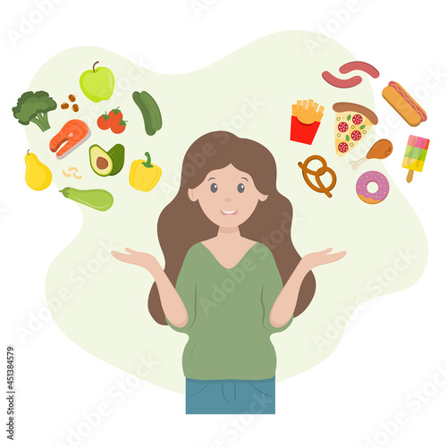 Woman choosing between fresh healthy and unhealthy fast food. Vector diet flat illustration. Concept of choice between healthy and unhealthy nutrition. Food choice, healthy and fast food.