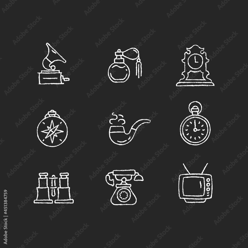 Retro items chalk white icons set on dark background. Phonograph records. Vintage perfume. Tabletop clock. Compass. Smoking pipe. Field glasses. Isolated vector chalkboard illustrations on black Retro items chalk white icons set on dark background. Phonograph records. Vintage perfume. Tabletop clock. Compass. Smoking pipe. Field glasses. Isolated vector chalkboard illustrations on black