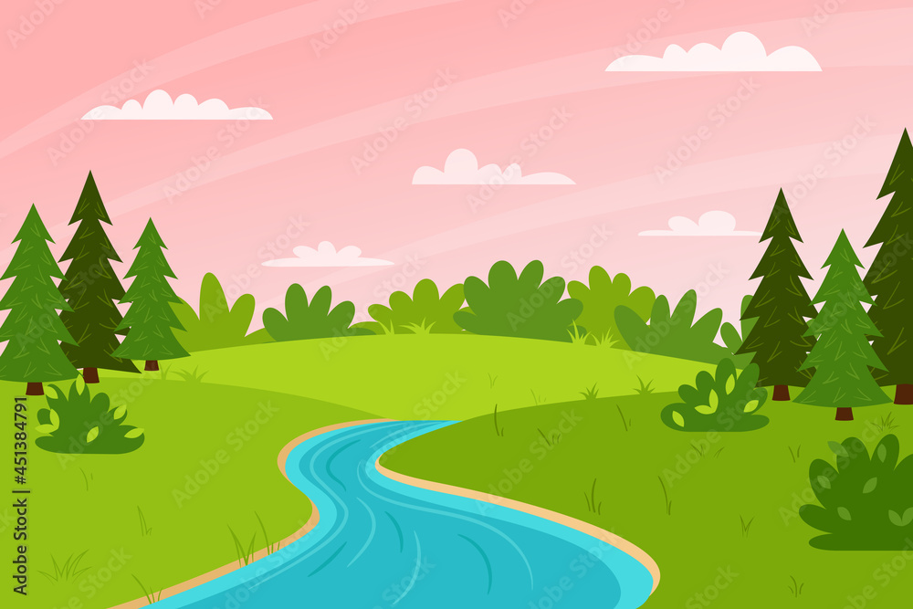 Horizontal spring summer landscape. Sunset, pink sky. A forest with trees, bushes, and a stream or river. Clear weather. Color vector illustration. Nature background with empty space for text