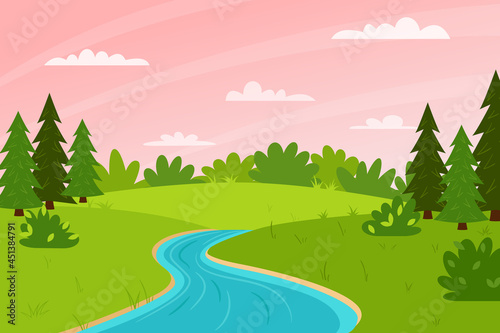 Horizontal spring summer landscape. Sunset  pink sky. A forest with trees  bushes  and a stream or river. Clear weather. Color vector illustration. Nature background with empty space for text