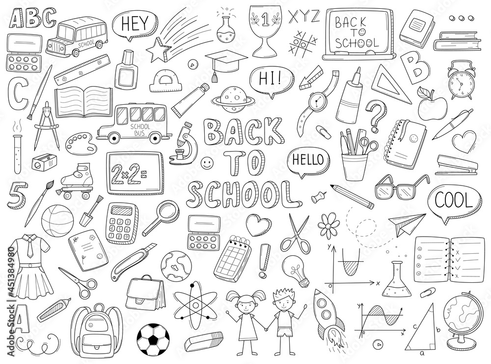 School stationery supplies collection cute doodle Vector Image