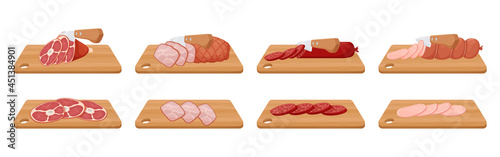 Slicing pork knuckle, boiled and smoked sausage, boiled pork. A knife cuts meat on a wooden cutting board.Sliced pieces of meat and sausage. Flat cartoon style. Vector illustration isolated on white .