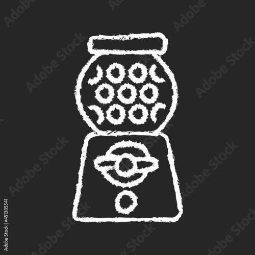 Gumball machine chalk white icon on dark background. Candy dispenser. Vending machine. Sphere filled with gumballs. Buying chewing gum products. Isolated vector chalkboard illustration on black