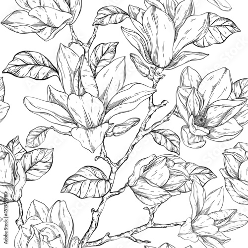 Wallpaper Mural Beautiful pattern with magnolia flowers plants. Black and white Torontodigital.ca