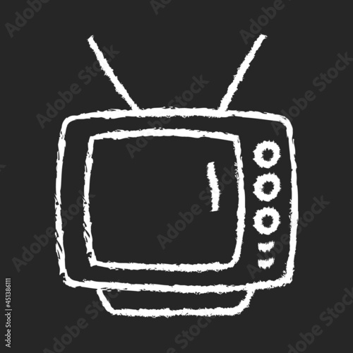 Old-style television chalk white icon on dark background. TV older model. Transmitting moving images in monochrome. Cathode ray tube technology. Isolated vector chalkboard illustration on black