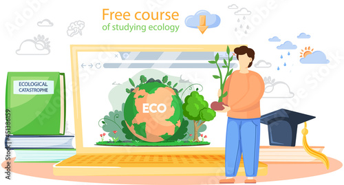 Free course of studying ecology banner. Ecologist scientist taking care of nature and study ecological environment with education platform. Ecological activist for protection of air, soil and water
