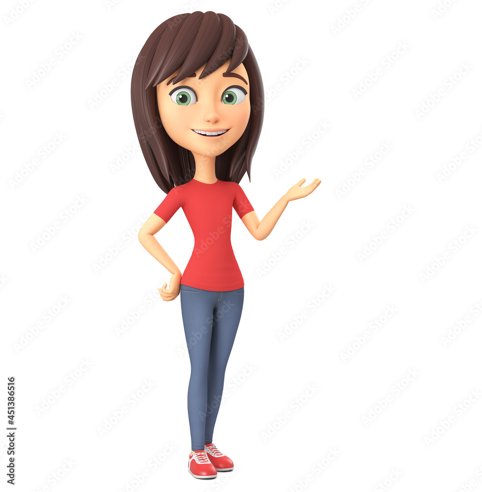 Cartoon character cheerful girl in a red T-shirt and jeans points with his hand to an empty space on a white background. 3d render illustration. Cartoon character cheerful girl in a red T-shirt and jeans points with his hand to an empty space on a white background. 3d render illustration.