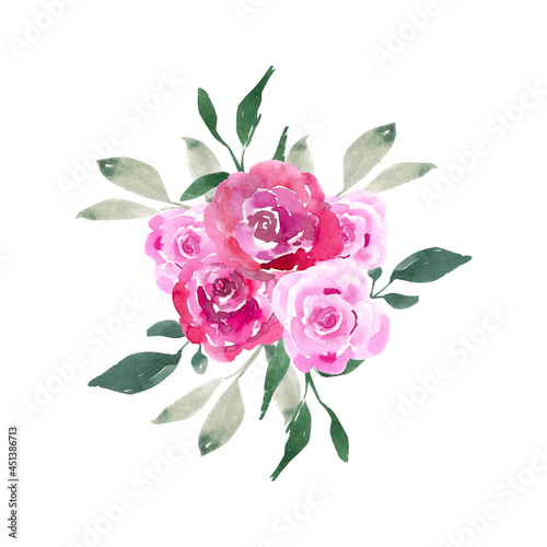 Watercolor illustration. Bouquet of pink roses and green leaves and branches. Image for design, printing, etc.