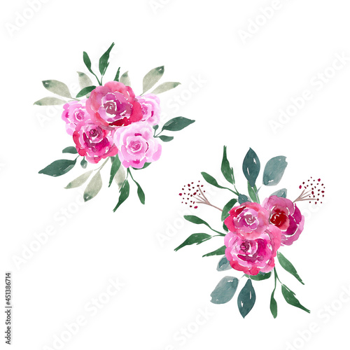 Watercolor illustration. Bouquet of pink roses and green leaves and branches. Image for design, printing, etc.