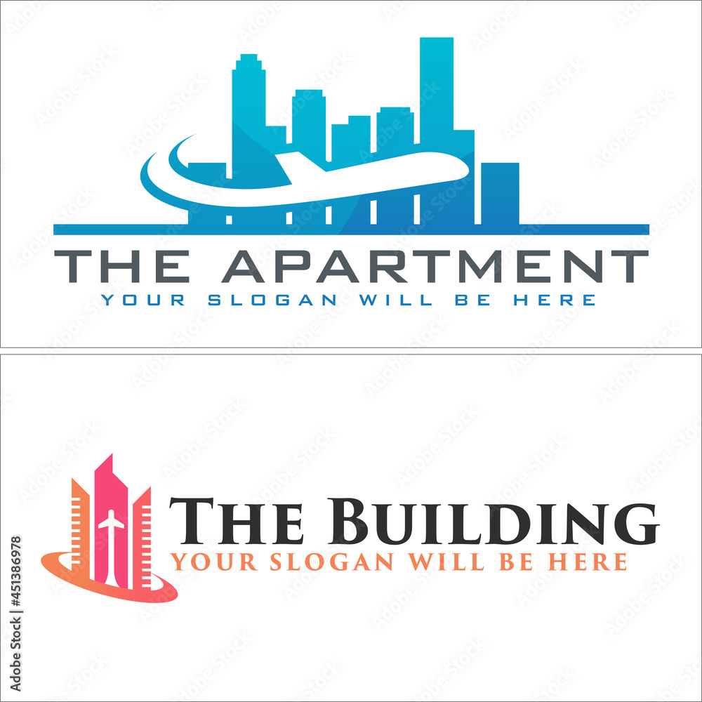 Real Estate business illustration with icon apartment and plane logo