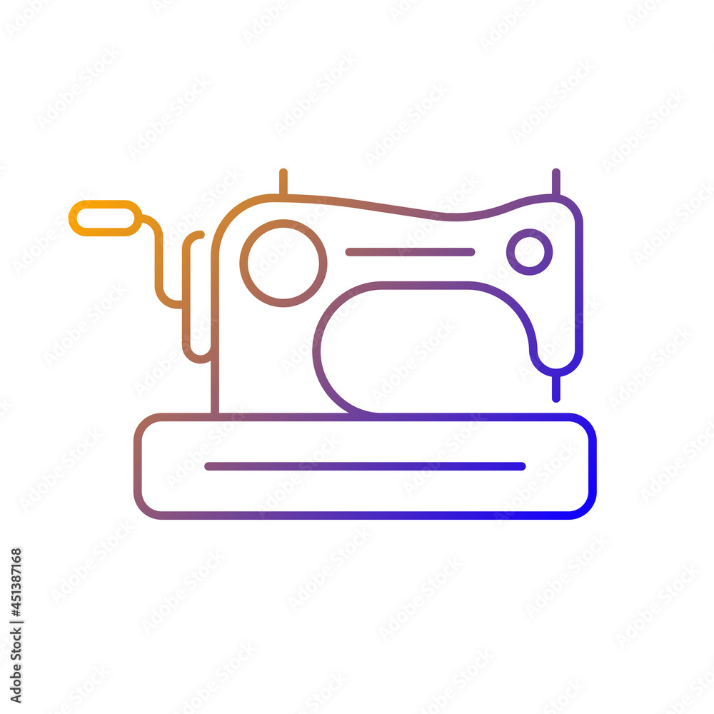 Antique sewing machine gradient linear vector icon. Collectible equipment with hand crank and treadle. Home appliance. Thin line color symbol. Modern style pictogram. Vector isolated outline drawing