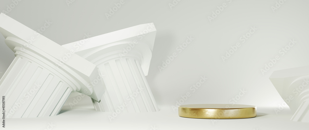 3D rendering of golden podium and greek pillar background. Mockup for show product. 3D rendering of golden podium and greek pillar background. Mockup for show product.