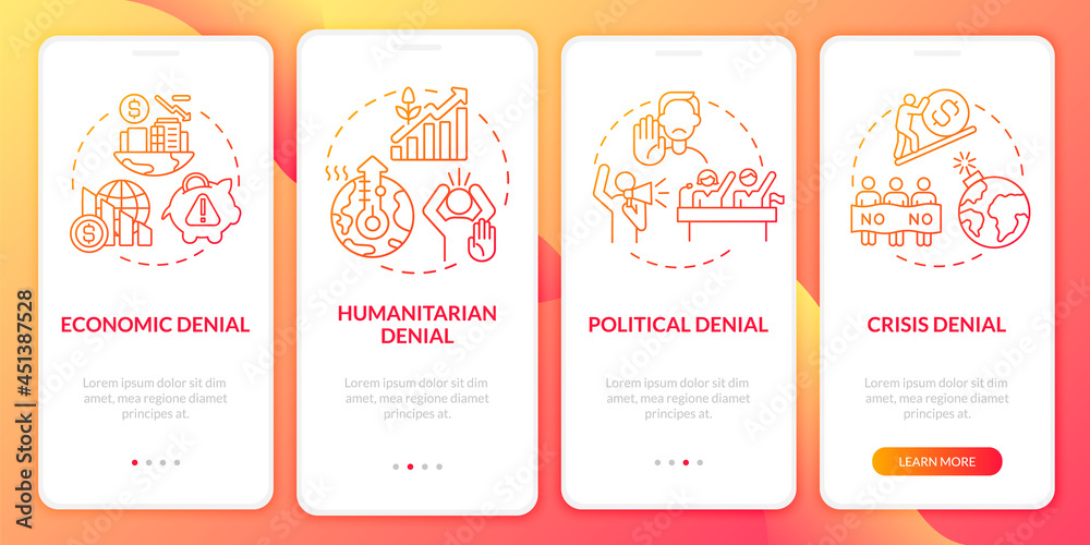 Humanitarian neglection orange onboarding mobile app page screen. Crisis denial walkthrough 3 steps graphic instructions with concepts. UI, UX, GUI vector template with linear color illustrations