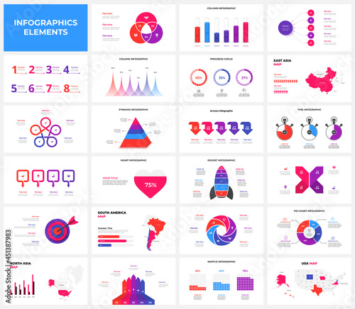 Set of infographic presentation slides. Target, rocket, pyramid, maps, arrows, flowchart and circle diagrams. Vector illustration for business data visualization