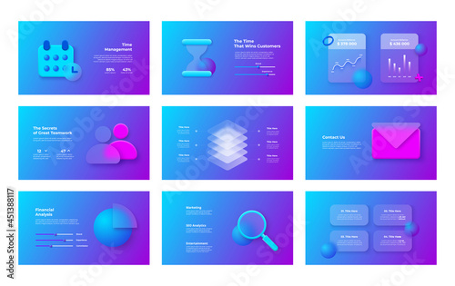 Glassmorphism infographics set. 3d geometric shapes with frosted glass effect. Illustration on blurred purple gradient vector background
