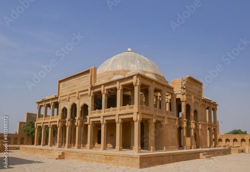 Ancient mughal era carved sandstone tomb of Isa Khan Tarkhan II in UNESCO listed Makli necropolis, Thatta, Sindh, Pakistan