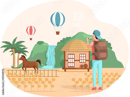 Travel and vacation. Male character in trip with backpack. Hiking tourism, summer tour. Man traveler in journey taking pictures of beautiful mountain natural landscape with hot air balloonns and horse