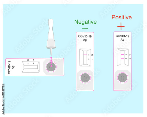 Rapid antigen test kit process show results negative or positive with coronavirus.vector illustration 