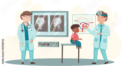 Otolaryngologist doctor with nose, ear and throat or ENT diagnostic and treatment instruments. Otology doctor with patient. Otorhinolaryngology healthcare medicine or otolaryngology diseases