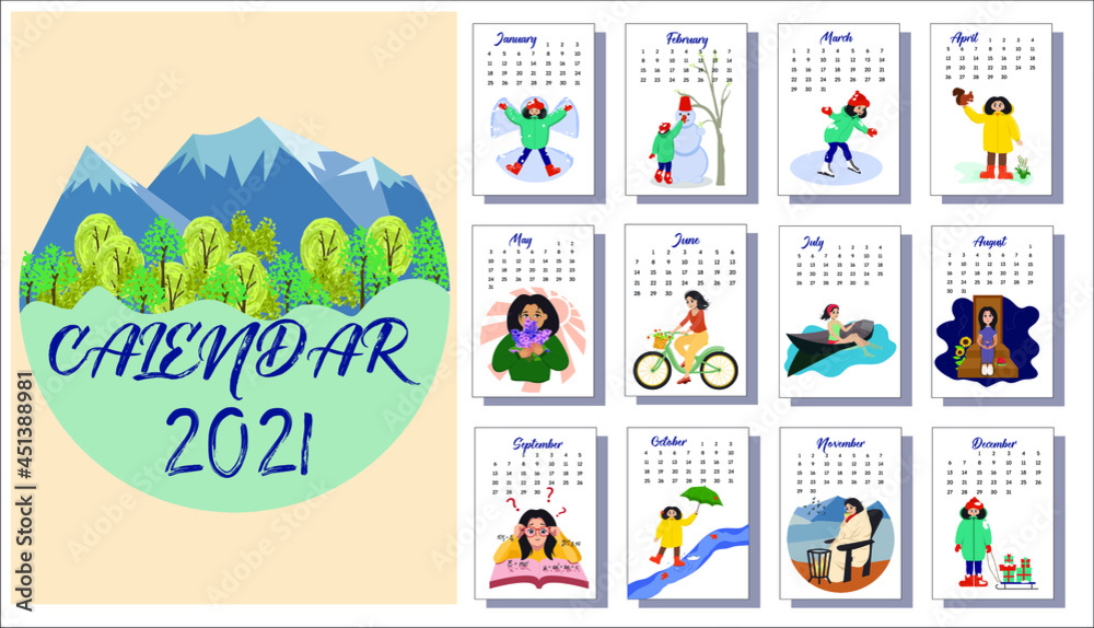 Flat style calendar for 2022. Children's, funny, cartoon images of a little girl in vector.