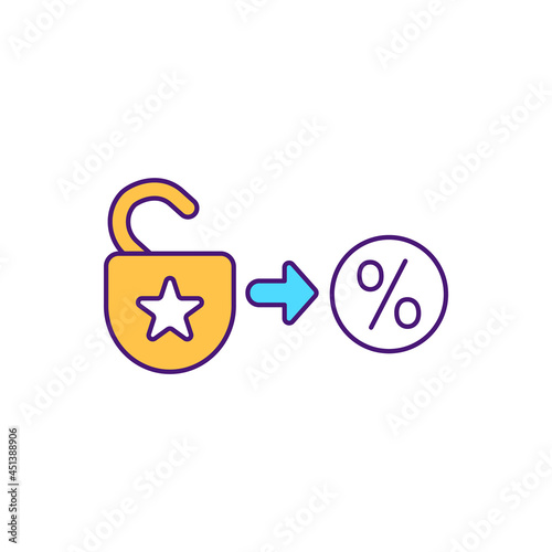 Unlock discount and benefit RGB color icon. Make additional benefits and discounts available. Game and challenge to gain shopping points. Isolated vector illustration. Simple filled line drawing