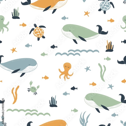 Seamless pattern with whales, octopuses, sea turtles, fishes in boho style. Pastel shades. Underwater world background.