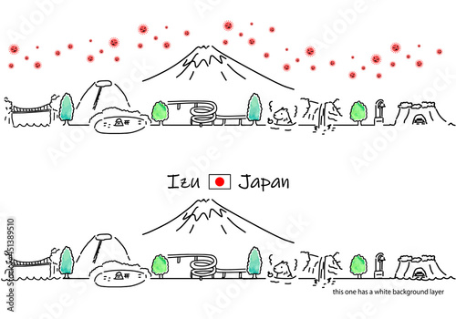 伊豆の観光地の街並みと新型コロナウイルスのシンプル線画セット