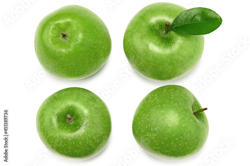 green apples with green leaf isolated on a white background. clipping path. top view
