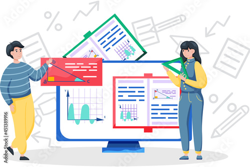 Online education concept. E-learning, home schooling. Students learn math with distance lecture work on laptop. Web courses or tutorials concept. Education platform modern digital technologies