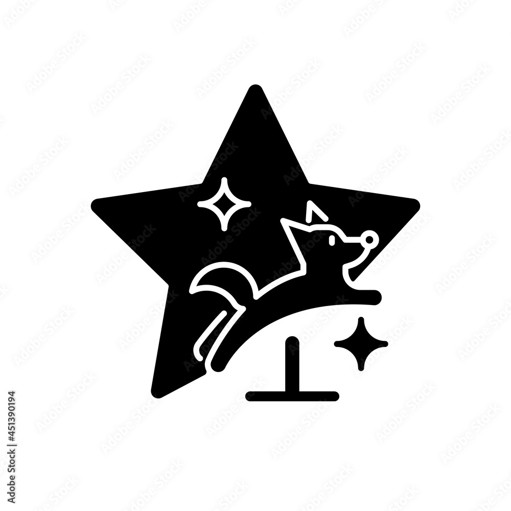 Pet training show black glyph icon. Dog tricks competition. Doggy exhibition. Animal television program. Watch fun media genre. Silhouette symbol on white space. Vector isolated illustration Pet training show black glyph icon. Dog tricks competition. Doggy exhibition. Animal television program. Watch fun media genre. Silhouette symbol on white space. Vector isolated illustration