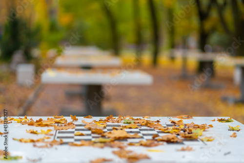 Chess tables covered with yellow leaves in an autumn park