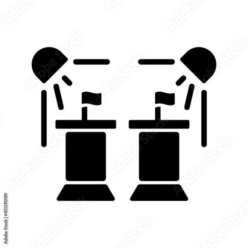 Political show black glyph icon. President debate broadcast on television. Government congress. Watch politician dispute live on TV. Silhouette symbol on white space. Vector isolated illustration