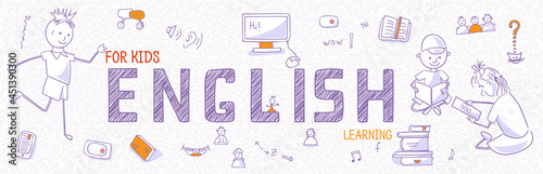 Header Children’s Language School or course. Teach and learn English. Outline icons, symbols, signs of book, dictionary, vocabulary, speaking, reading, writing, listening skills on white background