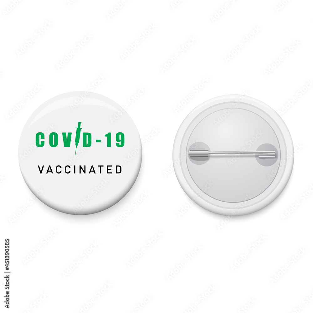 White button badge with text COVID-19 VACCINATED. Realistic pin button. Vector and illustration design.
White button badge with text COVID-19 VACCINATED. Realistic pin button. Vector and illustration design.