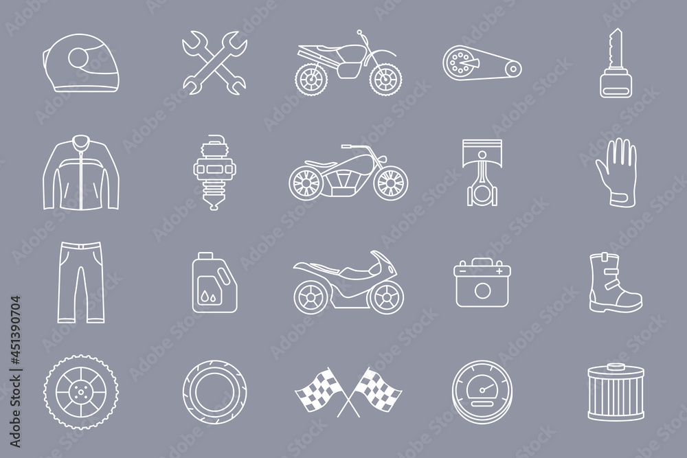 Moto Icons set Vector outline symbols of motorcycle, engine, wheel