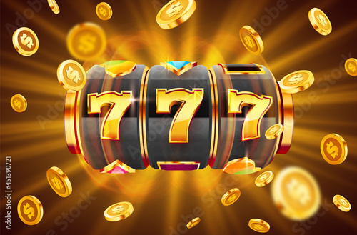 Golden slot machine wins the jackpot. 777 Big win concept. Casino jackpot.