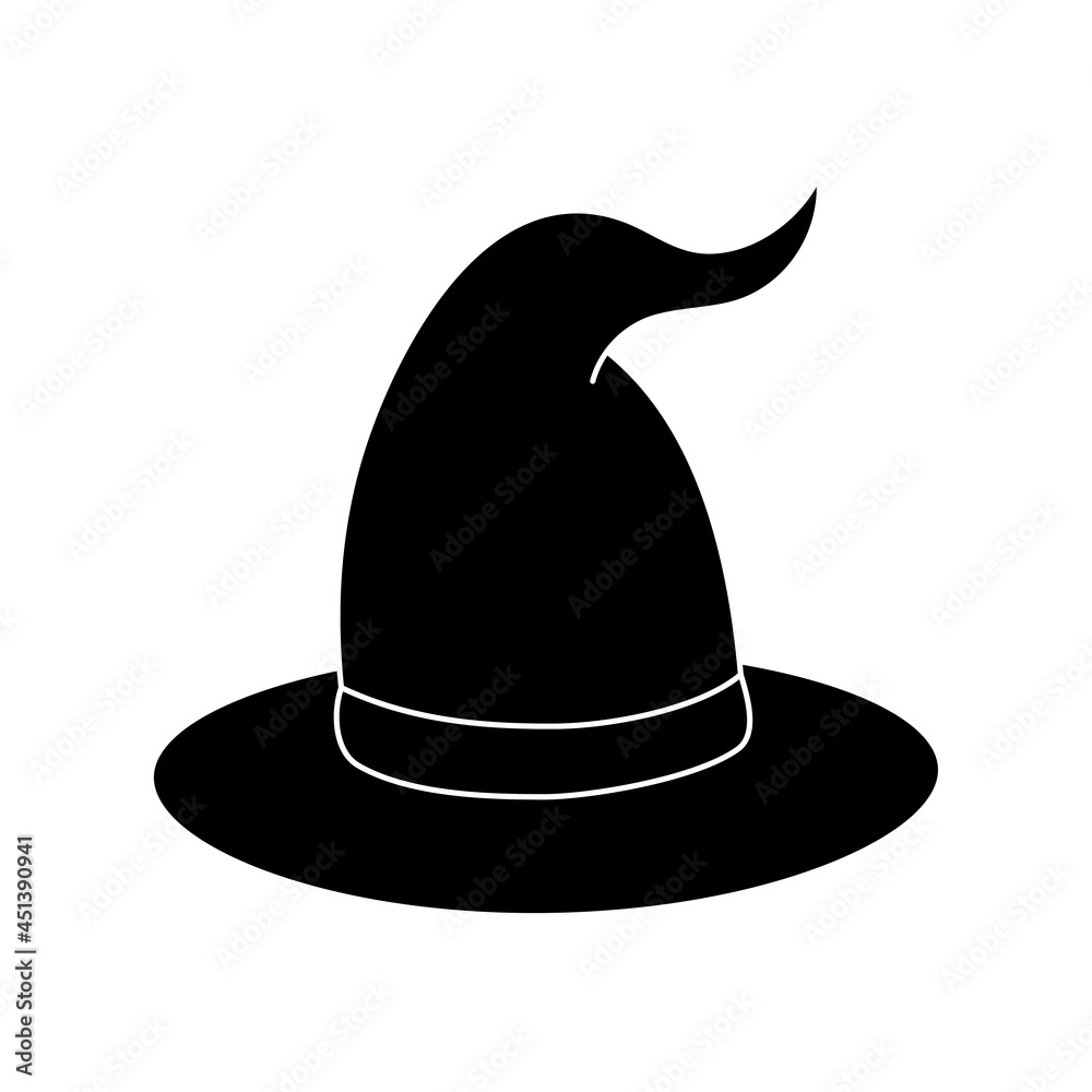 Witch hat vector illustration in simple style. Hand drawn wizard cap for holiday Halloween. Black icon isolated on white background. Scary silhouette magician hat. Accessory for party on Halloween Witch hat vector illustration in simple style. Hand drawn wizard cap for holiday Halloween. Black icon isolated on white background. Scary silhouette magician hat. Accessory for party on Halloween