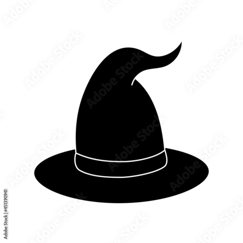 Witch hat vector illustration in simple style. Hand drawn wizard cap for holiday Halloween. Black icon isolated on white background. Scary silhouette magician hat. Accessory for party on Halloween