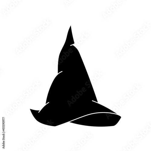 Witch hat vector illustration in simple style. Hand drawn wizard cap for holiday Halloween. Black icon isolated on white background. Scary silhouette magician hat. Accessory for party on Halloween