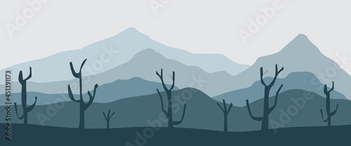 Mountain layers with dead trees landscape vector illustration used for background, backdrop design, ads banner, nature banner, environment banner.