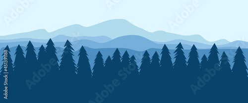 Landscape of mountain layers behind the pine trees vector illustration suitable for background, backdrop design, banner, desktop background, typography background.