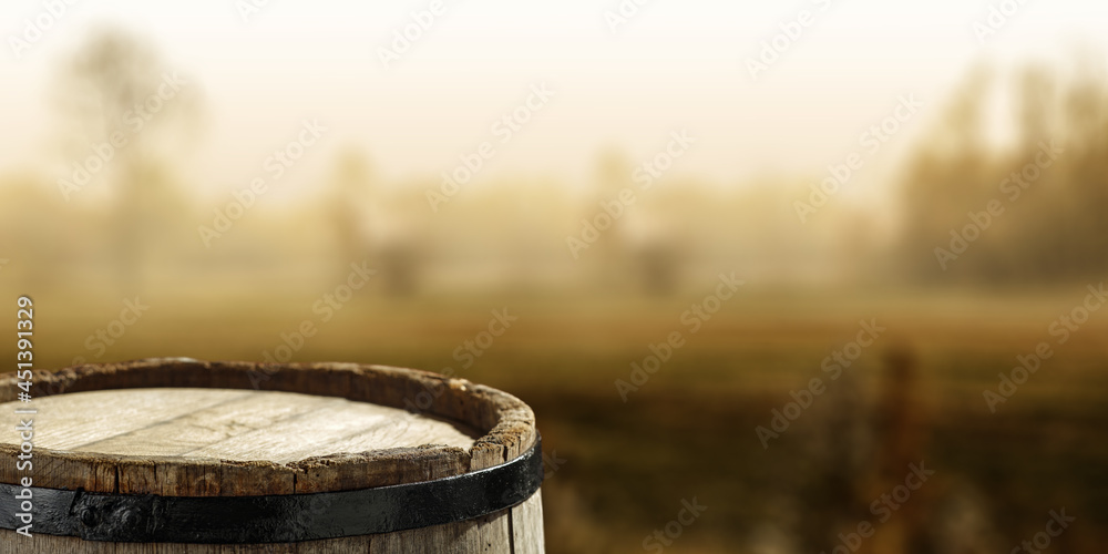 Wooden barrel of free space and autumn time 