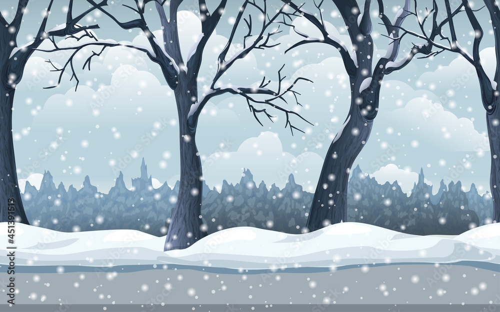 seamless winter forest landscape. Trees in snow. snowy nature illustration. endless parallax game background with snowfall, woods, snowdrifts, road and sky. horizontal scenic panorama for design. seamless winter forest landscape. Trees in snow. snowy nature illustration. endless parallax game background with snowfall, woods, snowdrifts, road and sky. horizontal scenic panorama for design.