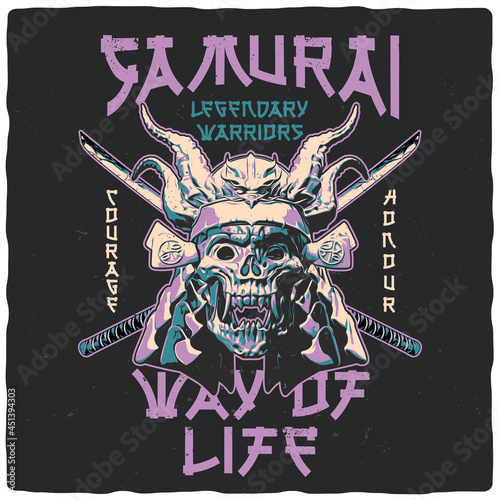 T-shirt or poster design with illustration of Japanese samurai
