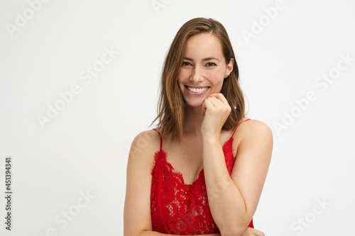 Portrait of a cute young woman with a big smile on her lips 